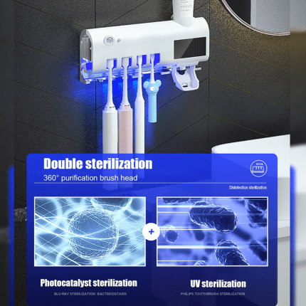 Porta Cepillos Inteligente con Esterilizador UV + Dosificador De Crema Dental - 4 cepillos